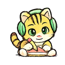 A sketch-style cat wearing headphones and taking notes